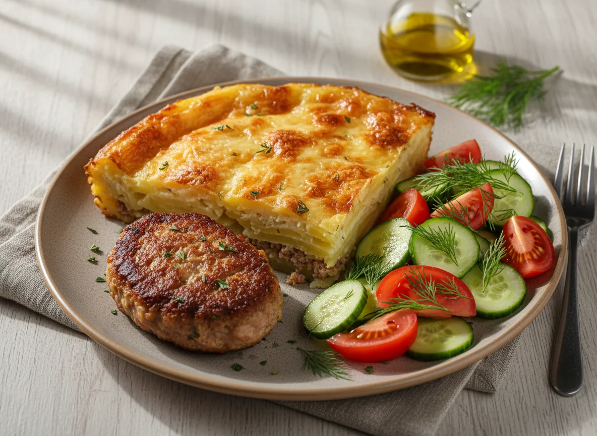 Запеканка с мясом и овощной салат photo