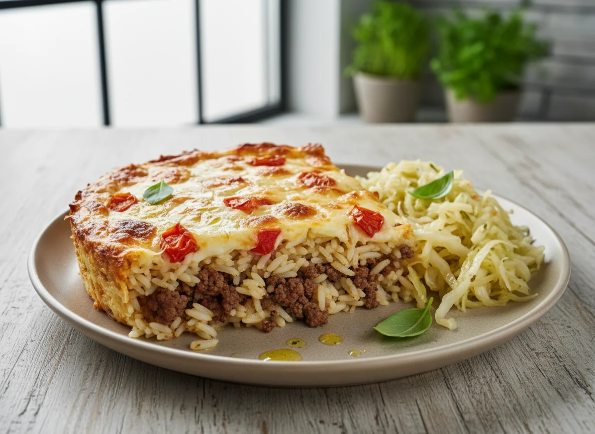 Запеканка с мясом и рисом photo