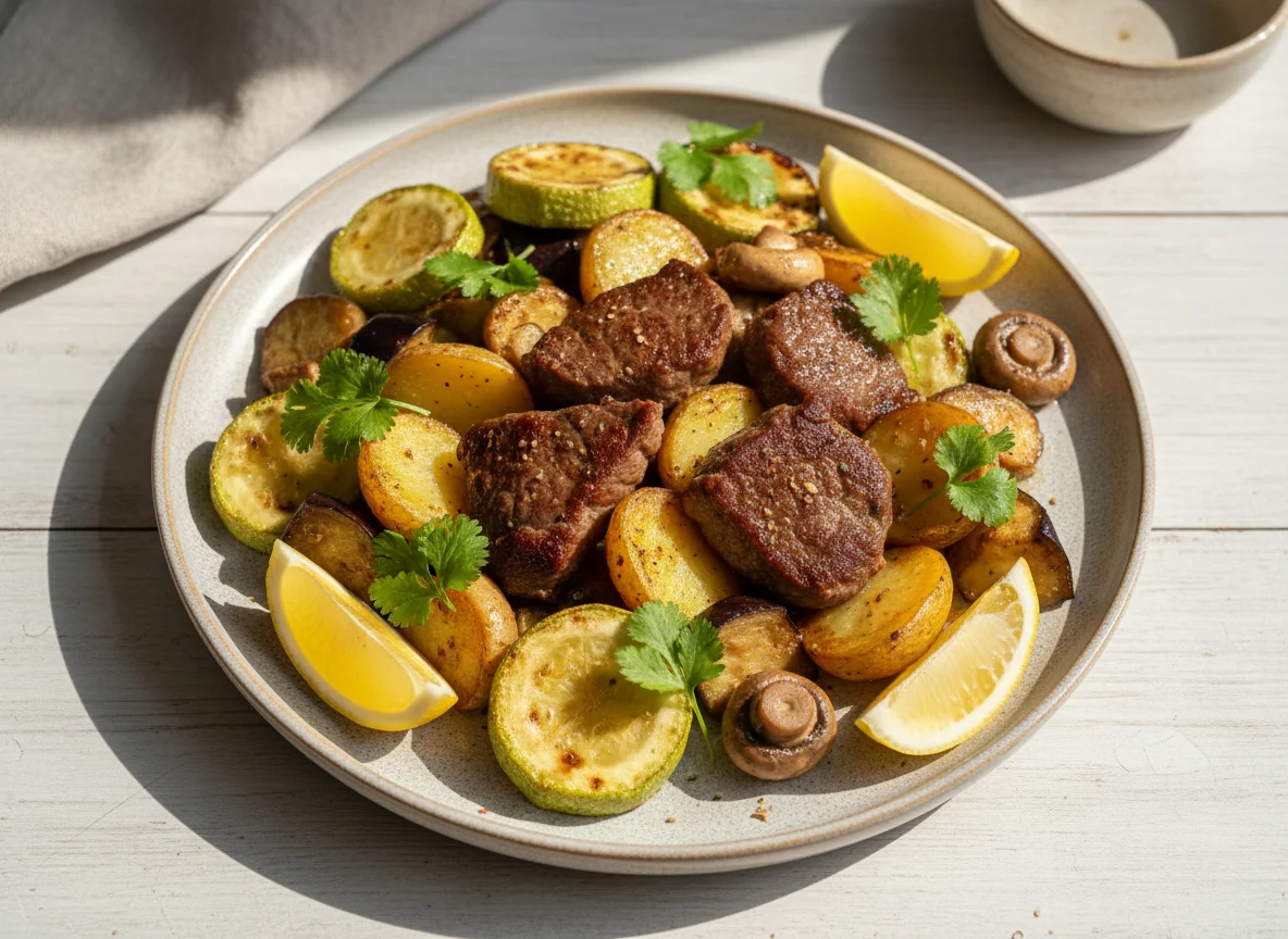 Жареная говядина с картофелем и овощами photo