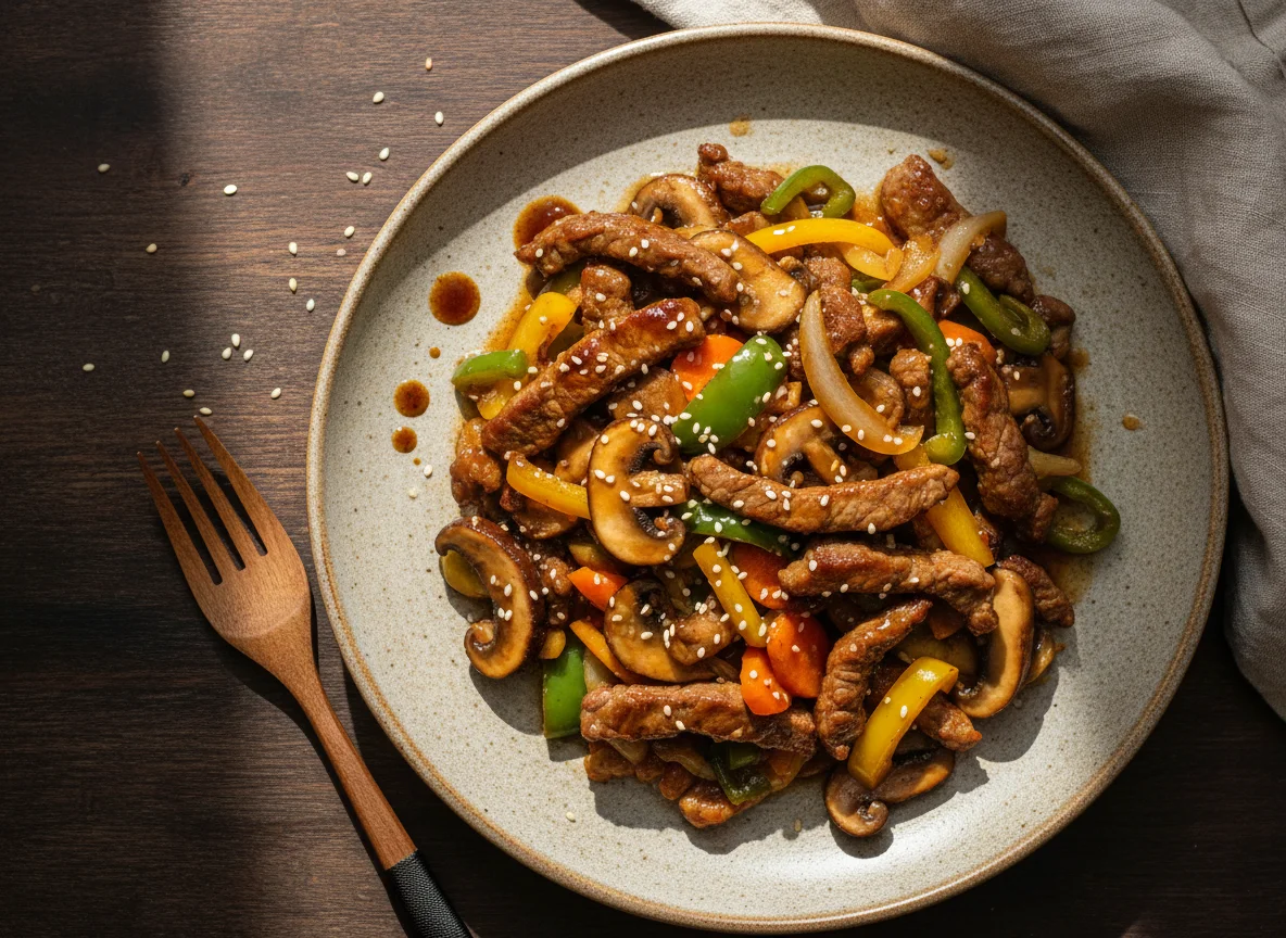 Жареная говядина с овощами и грибами photo