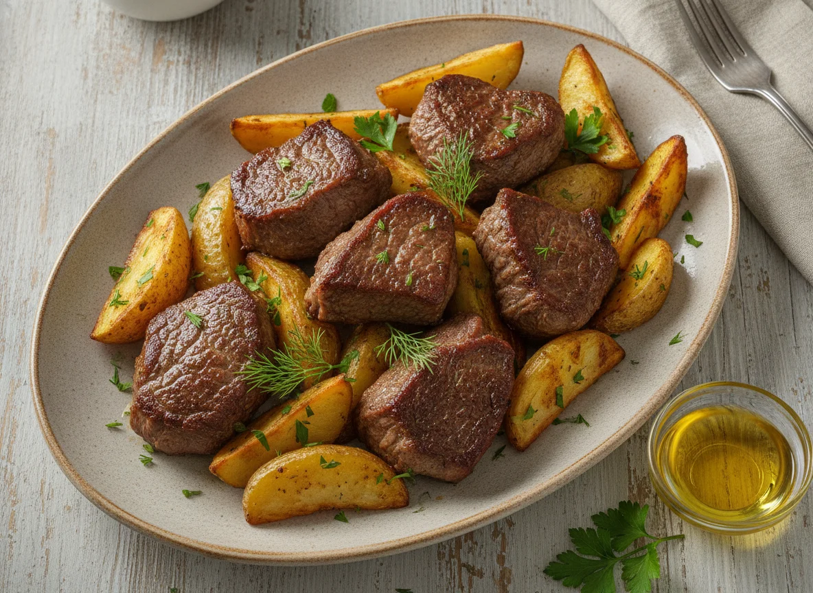 Жареная говядина с запеченным картофелем photo
