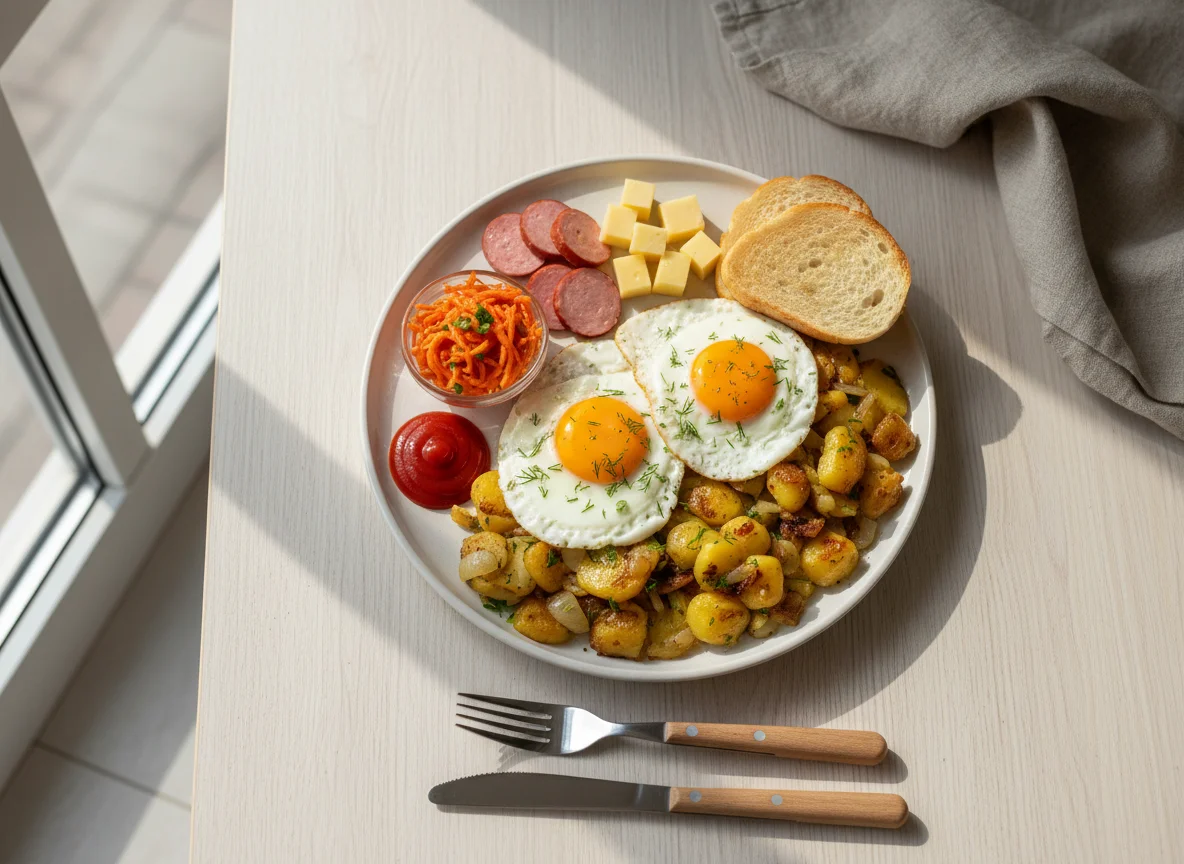 Жареная картошка с яйцом и закусками photo