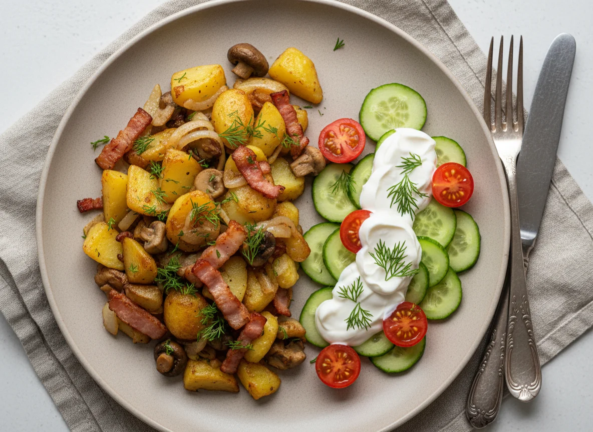 Жареная картошка с беконом и грибами, салат из огурцов и помидоров со сметаной photo