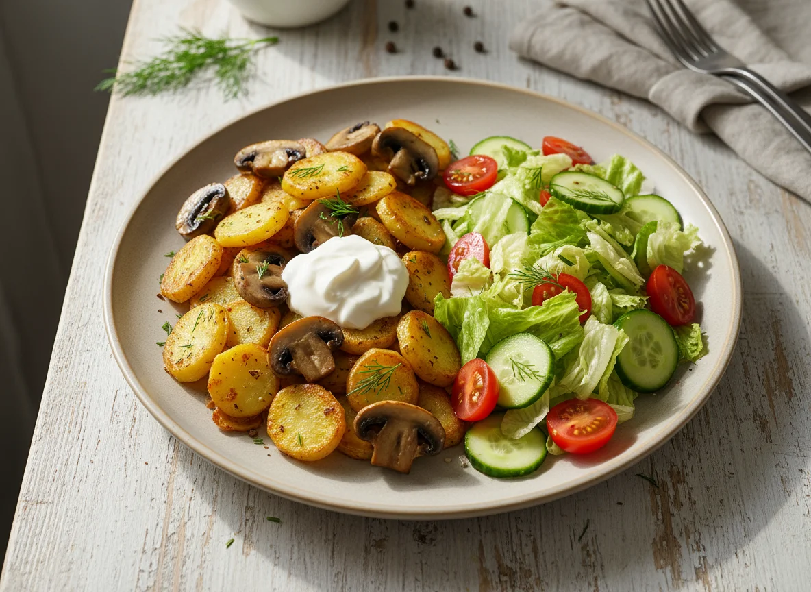 Жареная картошка с грибами и овощным салатом photo