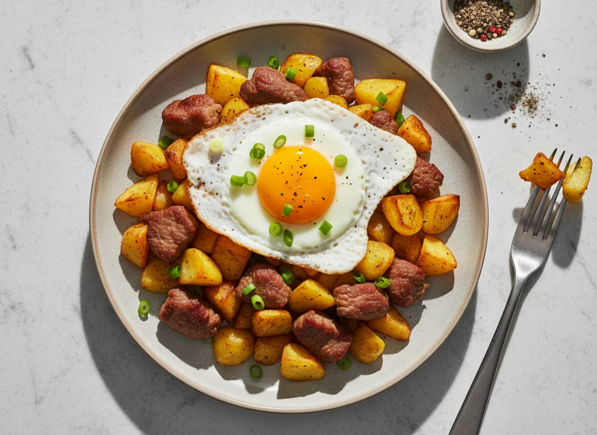 Жареная картошка с мясом и яйцом photo