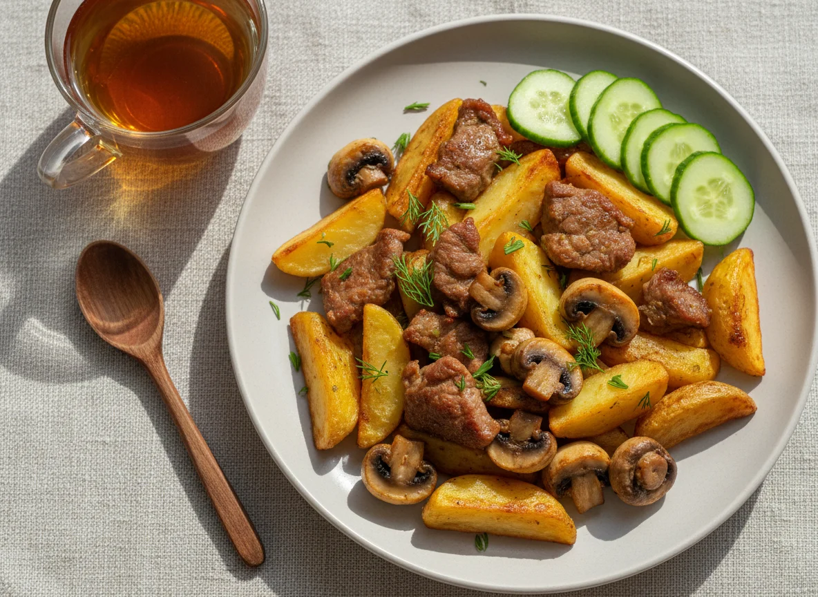 Жареная картошка с мясом и грибами photo