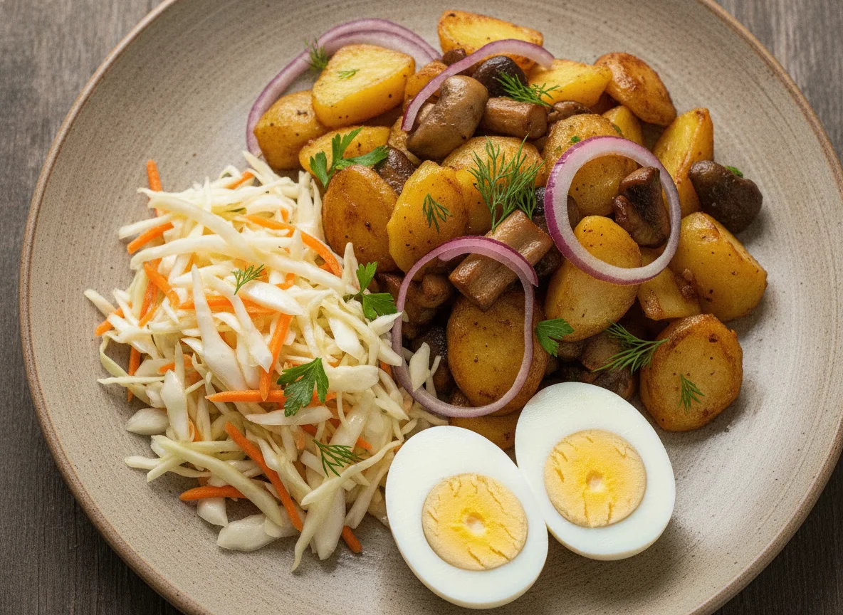 Жареная картошка с салатом и яйцами photo
