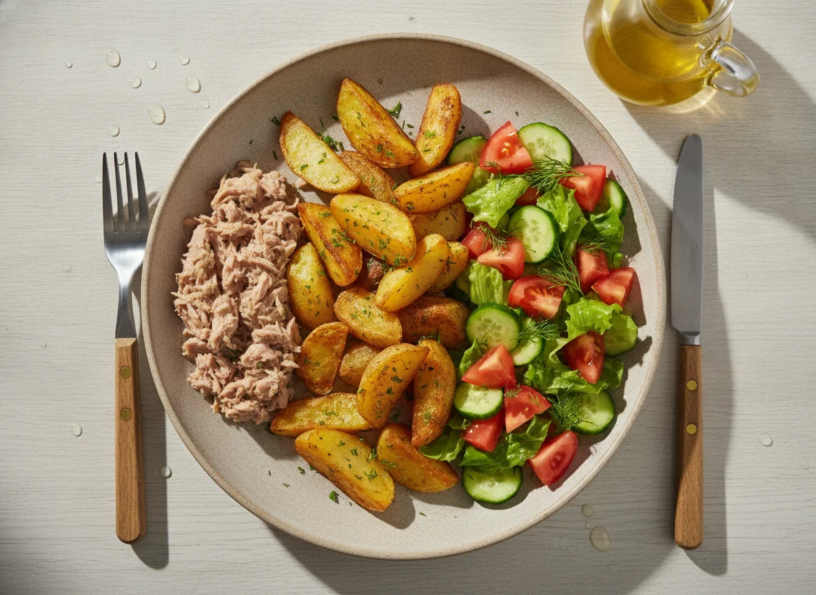 Жареная картошка с тунцом и овощным салатом photo