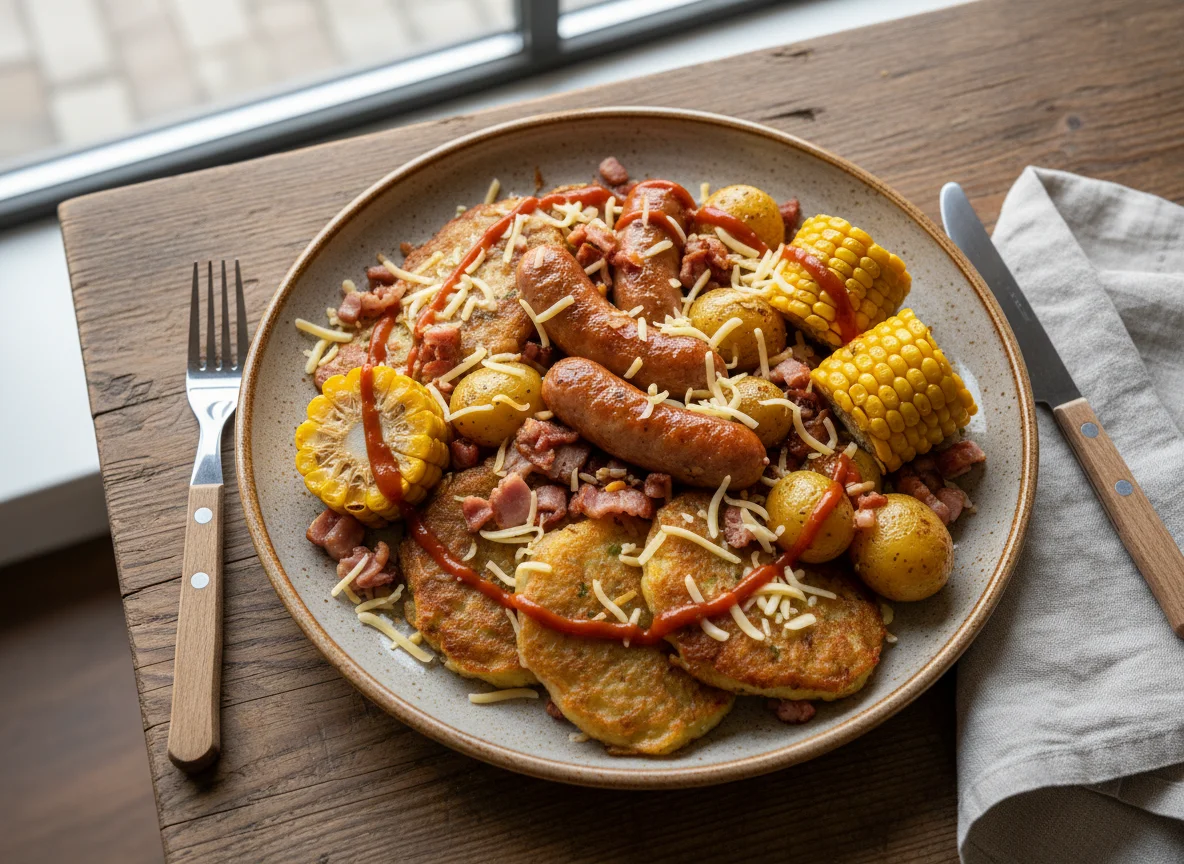 Жареная колбаса с картофелем, кукурузой и сыром photo