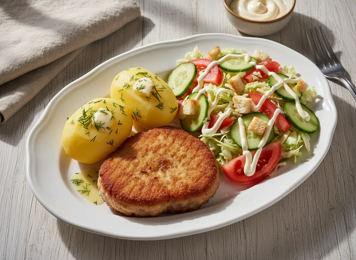 Жареная котлета с картофелем и овощным салатом photo