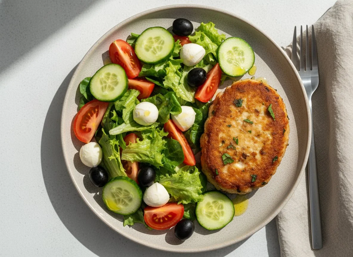 Жареная котлета с овощным салатом photo