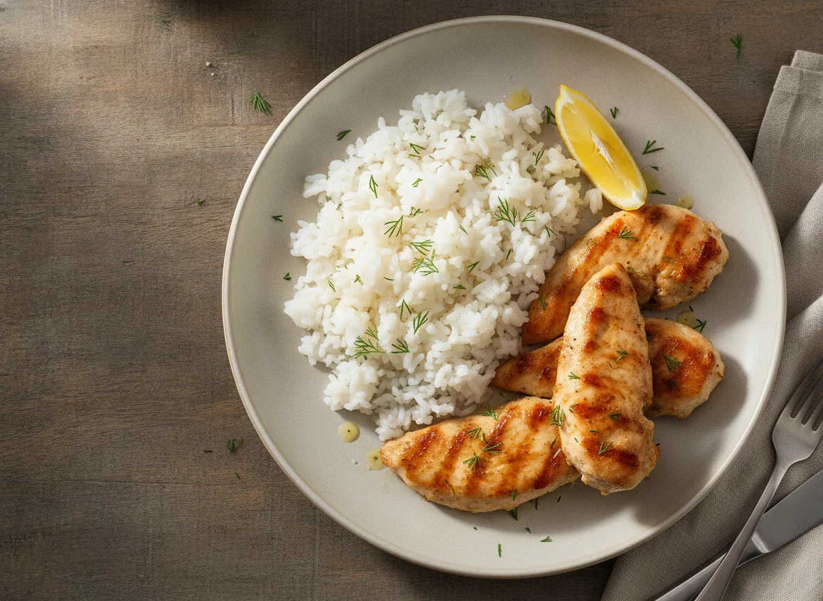 Жареная курица с белым рисом photo