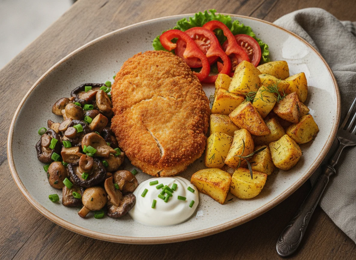 Жареная курица с картофелем, грибами и салатом photo