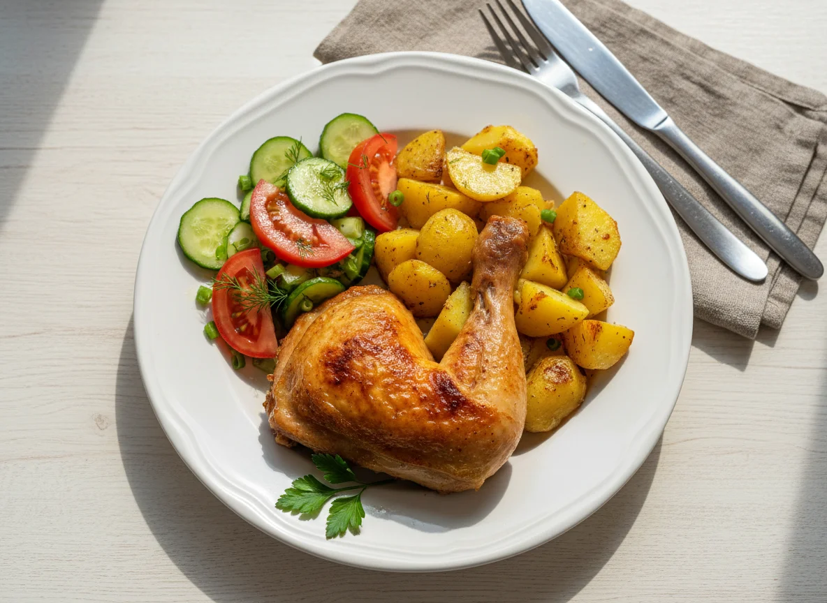 Жареная курица с картофелем и овощным салатом photo