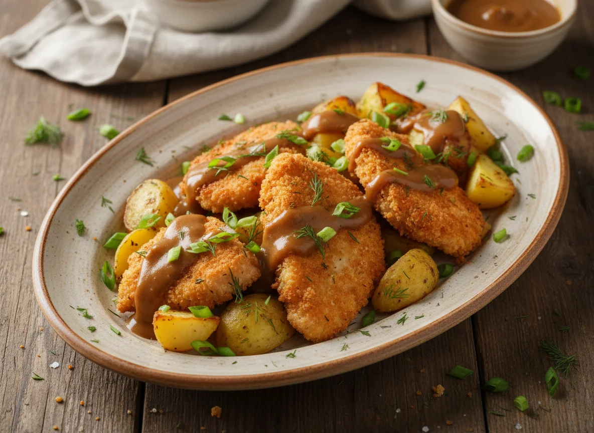 Жареная курица с картофелем и соусом photo