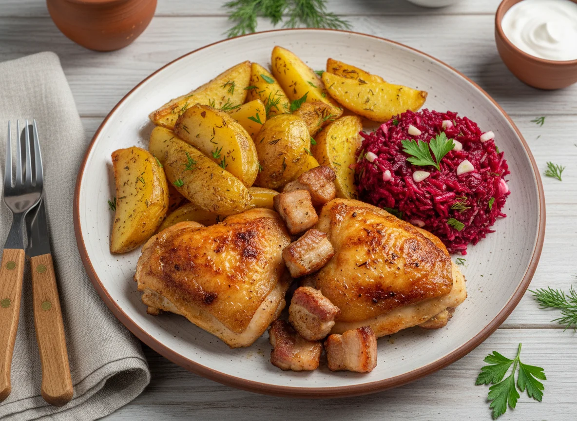 Жареная курица с картофелем и свекольным салатом photo