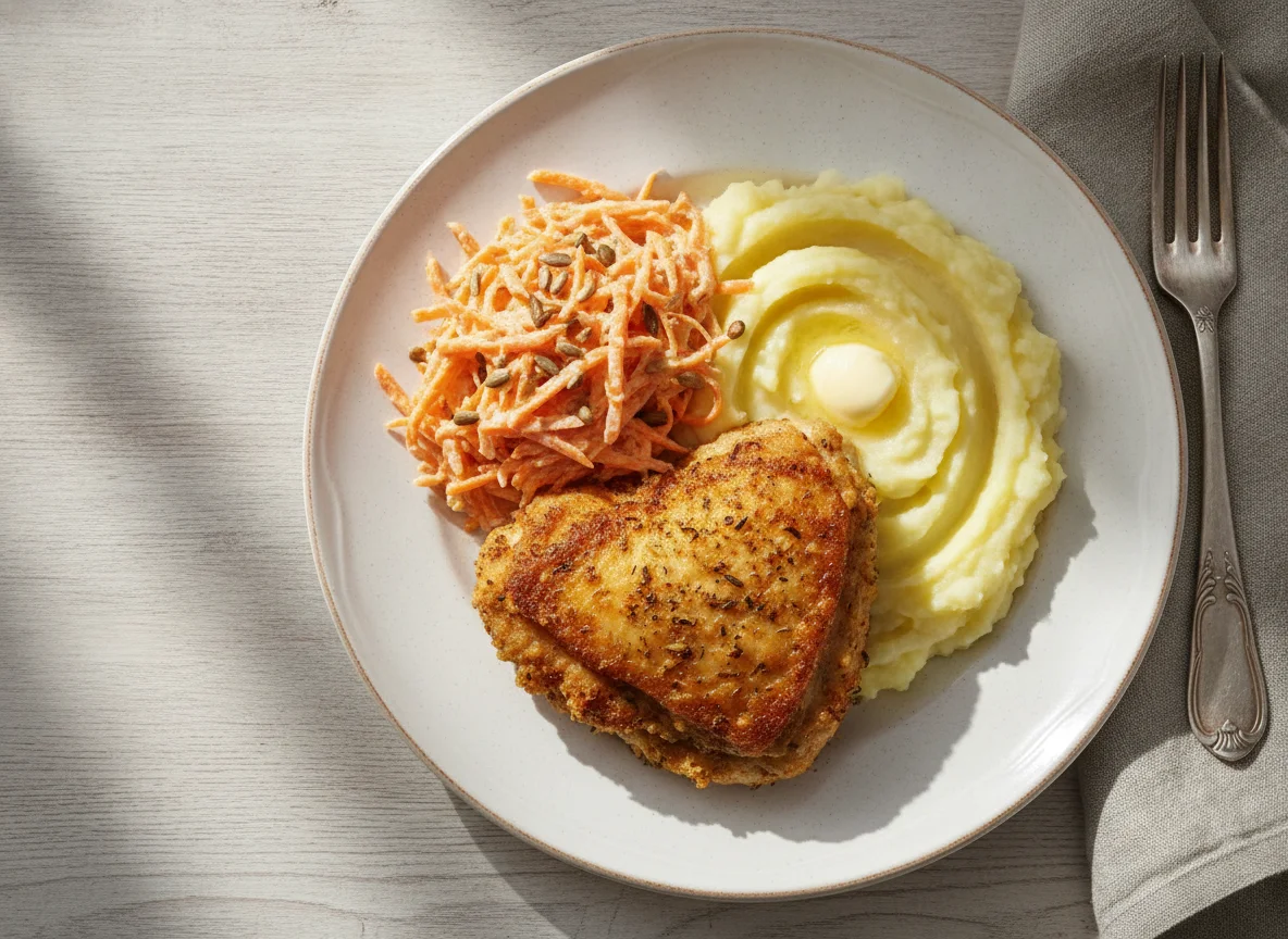 Жареная курица с картофельным пюре и морковным салатом photo