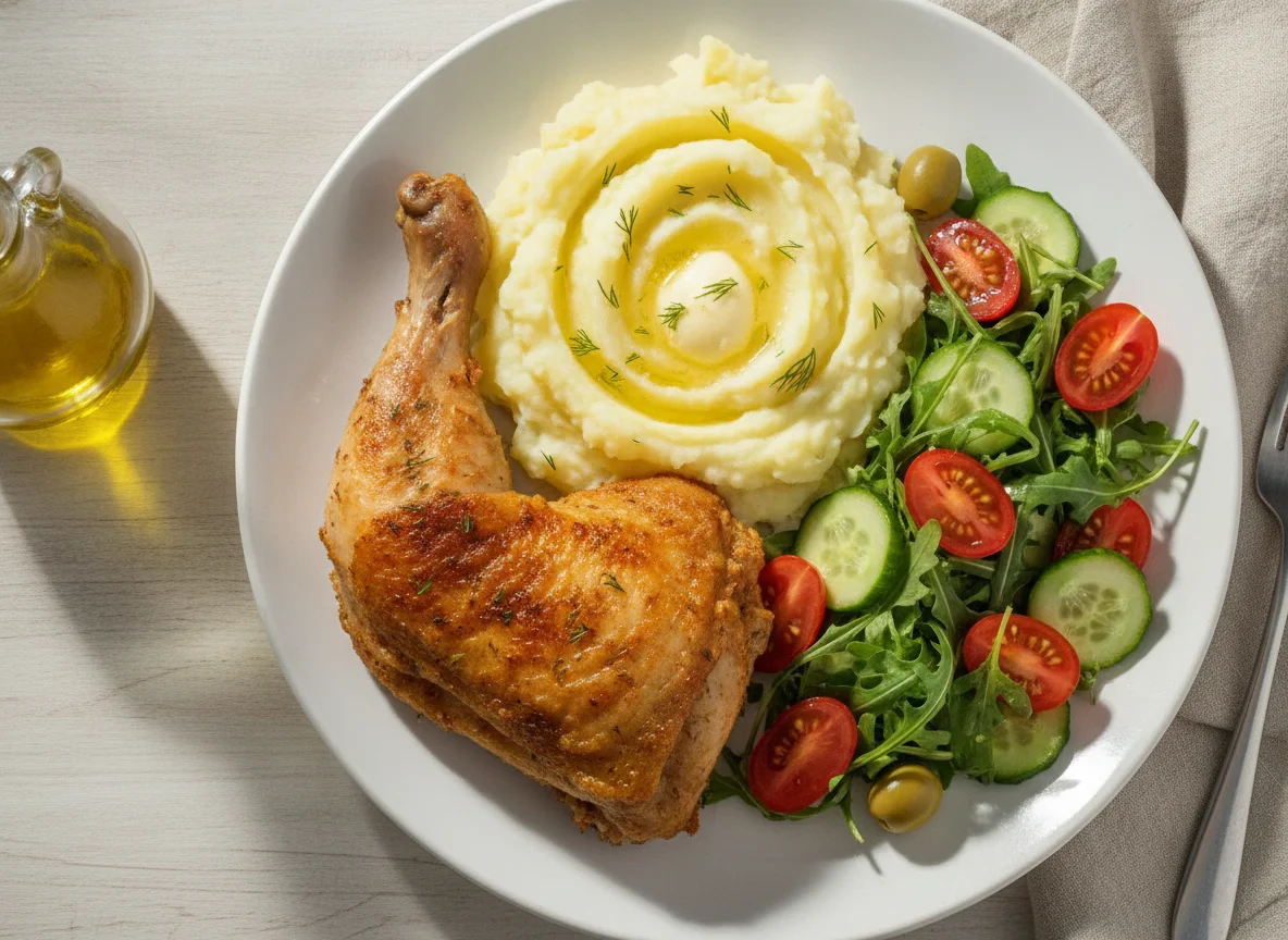 Жареная курица с картофельным пюре и овощным салатом photo