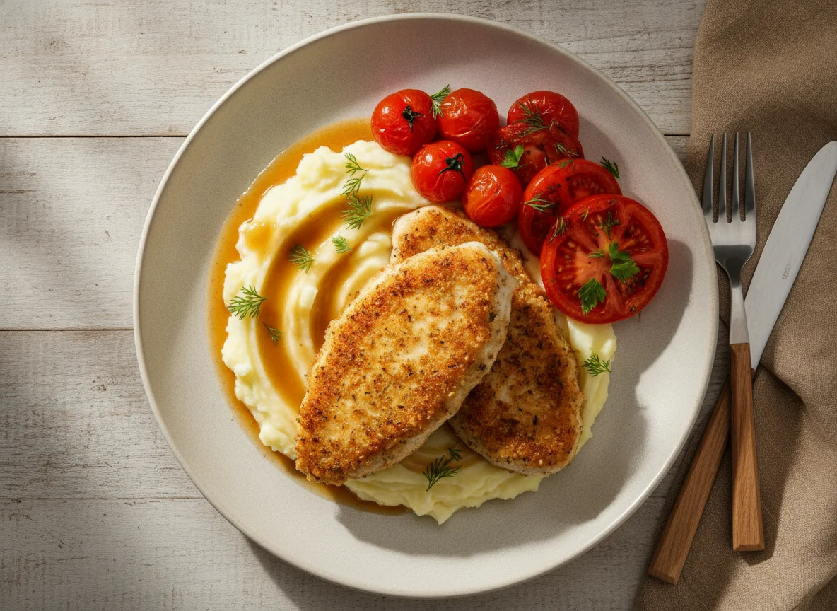 Жареная курица с картофельным пюре и помидорами photo