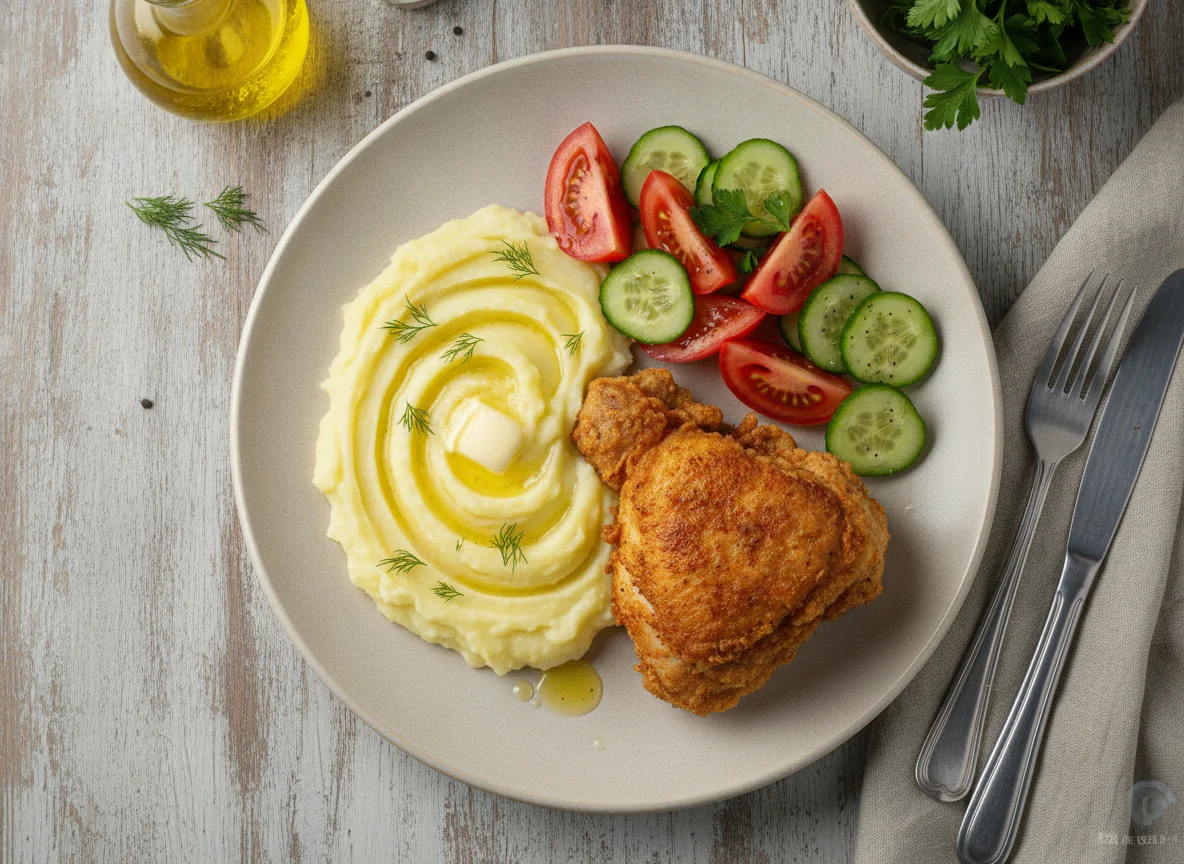 Жареная курица с картофельным пюре и салатом photo