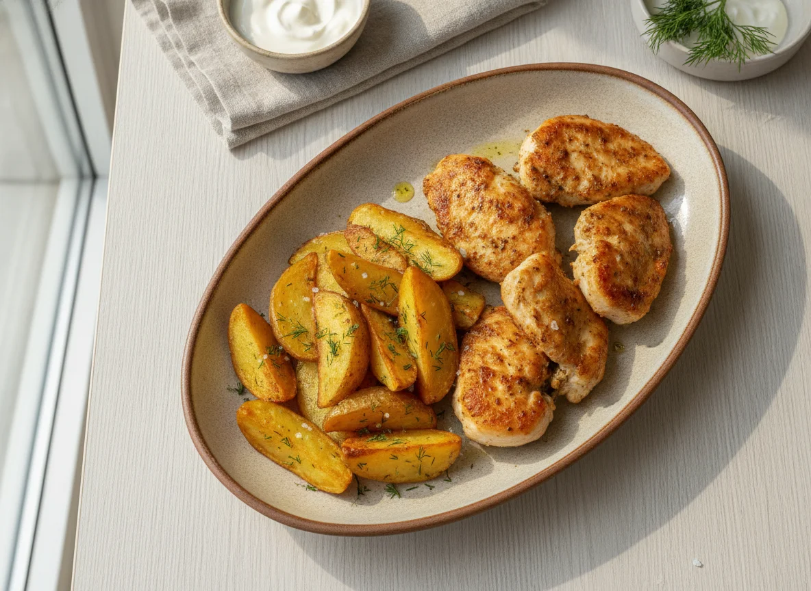 Жареная курица с картофельными дольками photo