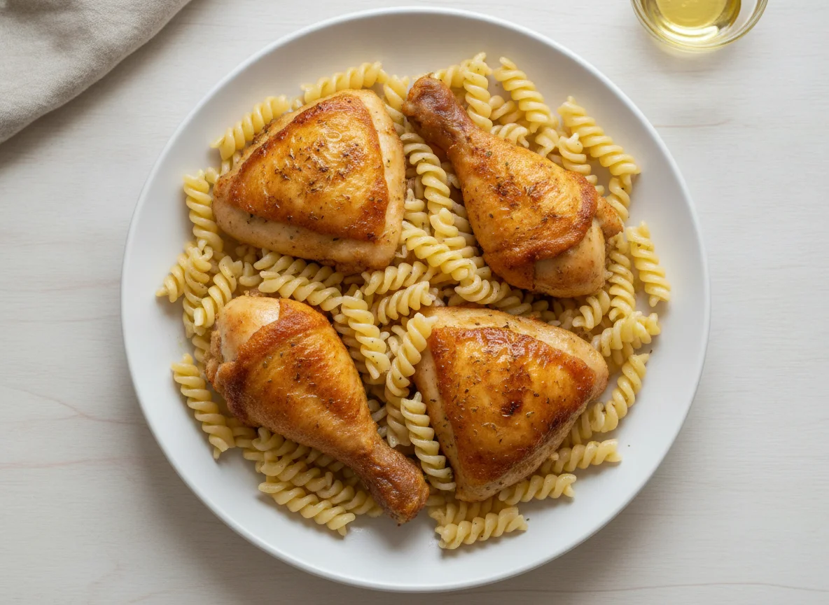 Жареная курица с макаронами фузилли photo