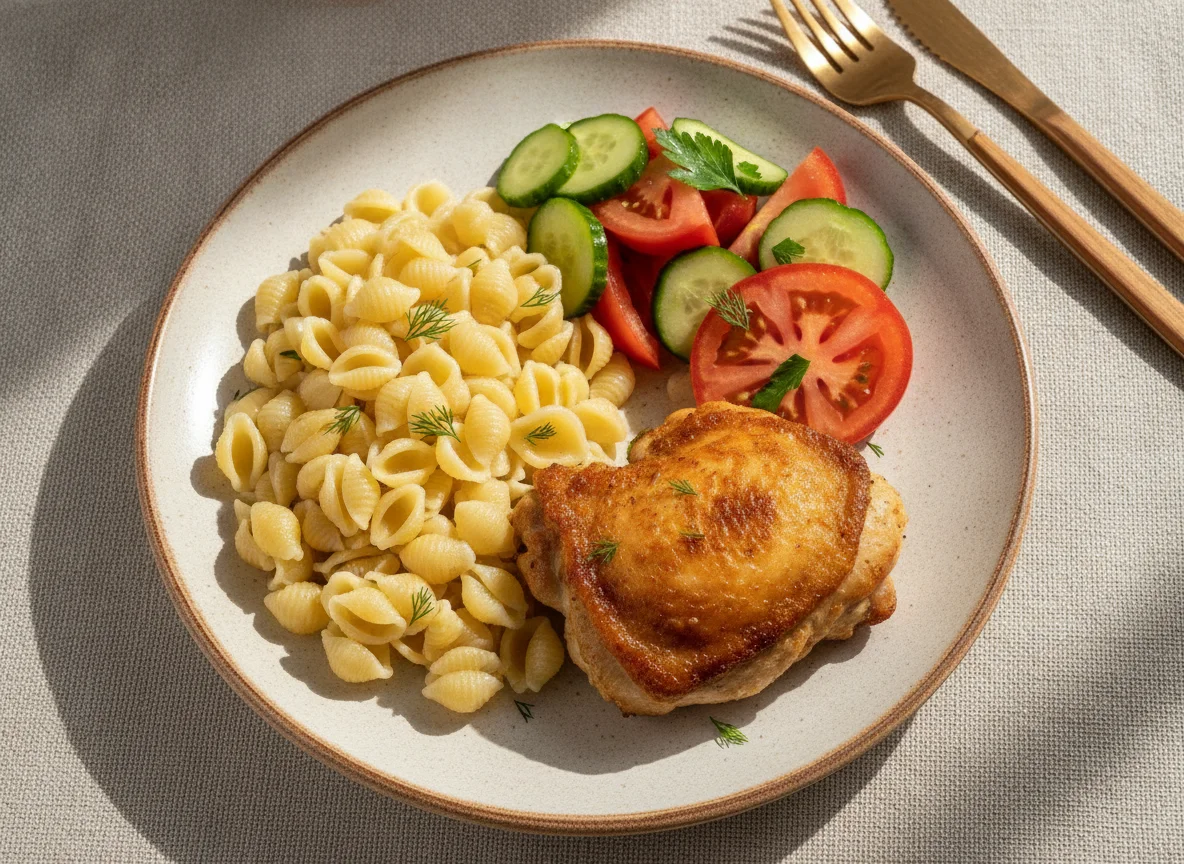 Жареная курица с макаронами и овощным салатом photo