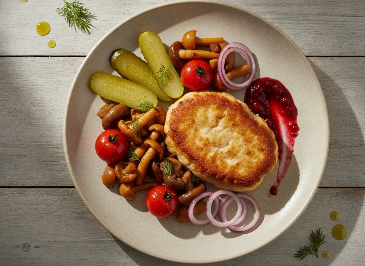 Жареная курица с маринованными овощами и грибами photo
