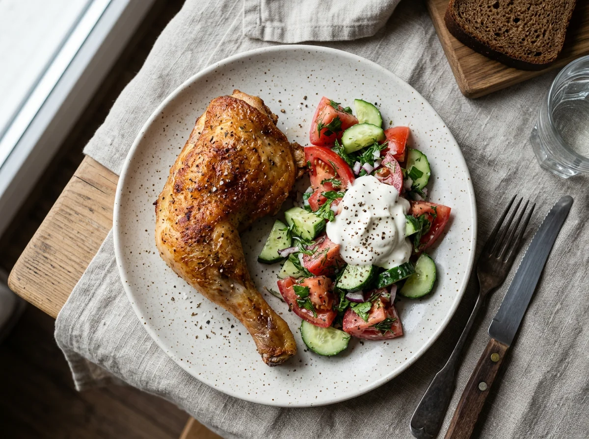 Жареная курица с огуречно-томатным салатом photo