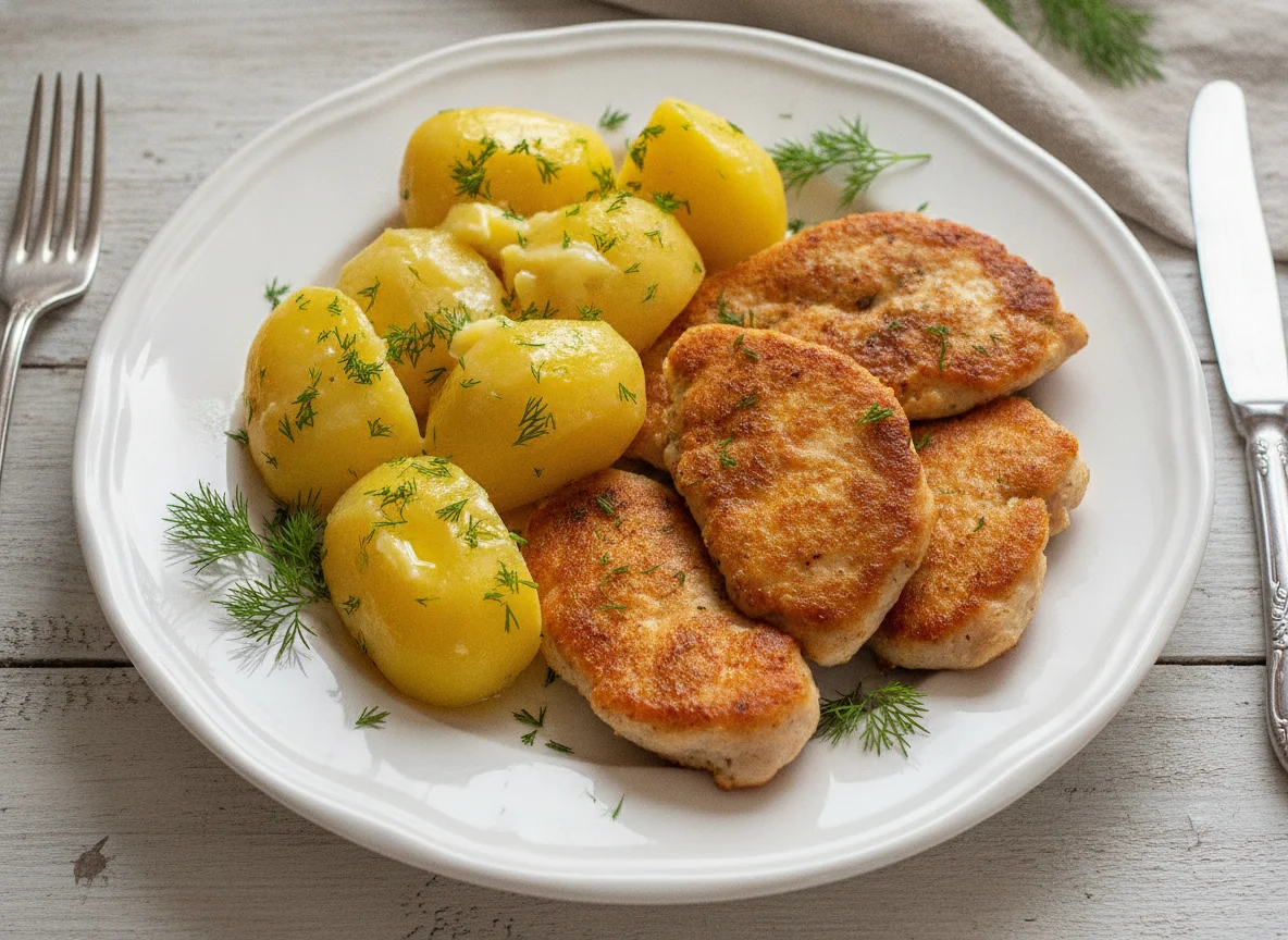 Жареная курица с отварным картофелем и укропом photo