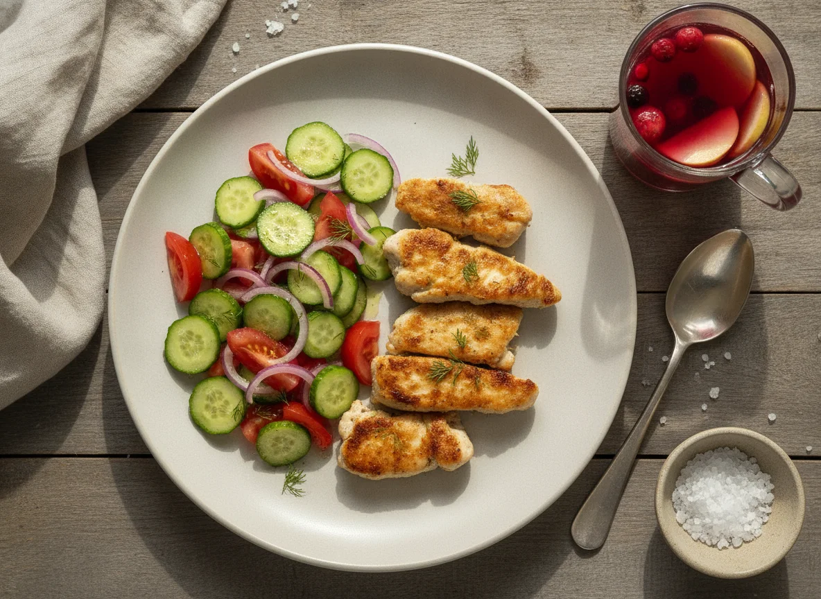 Жареная курица с овощным салатом и напитком photo