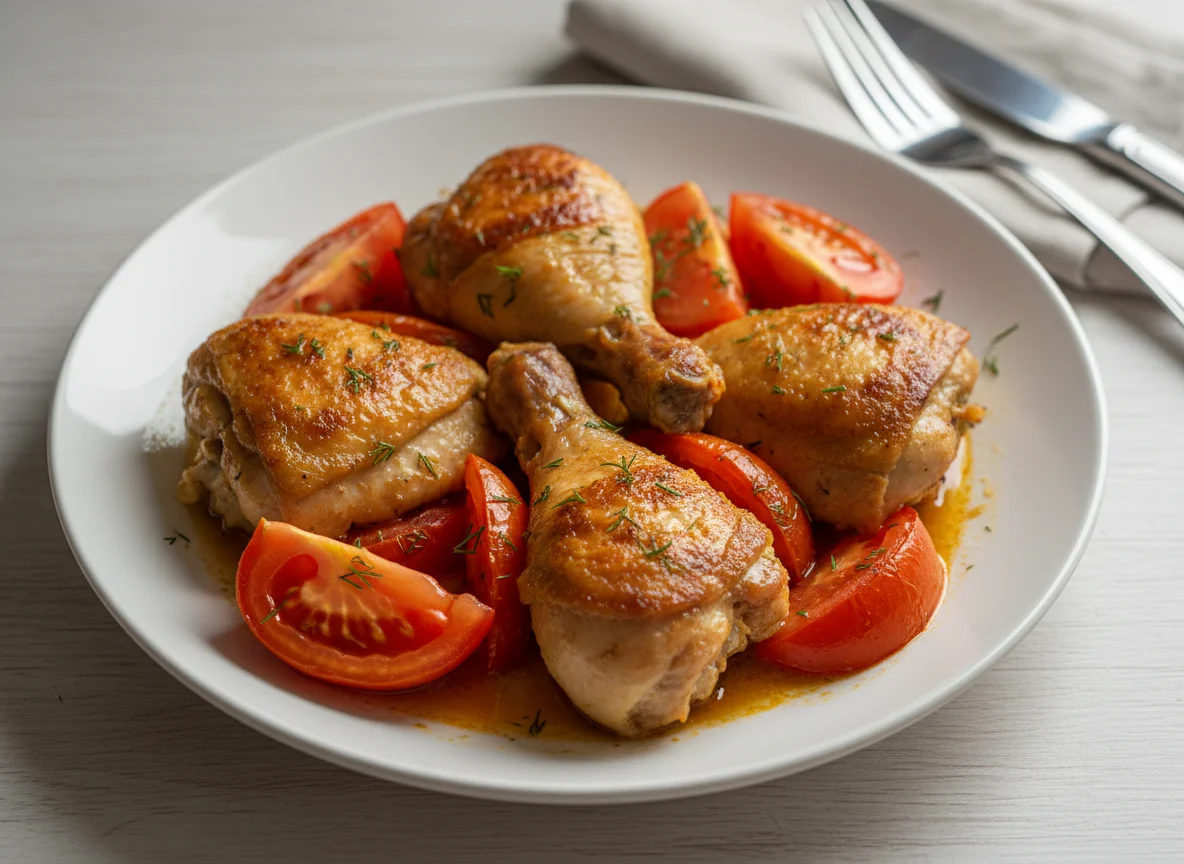 Жареная курица с помидором photo