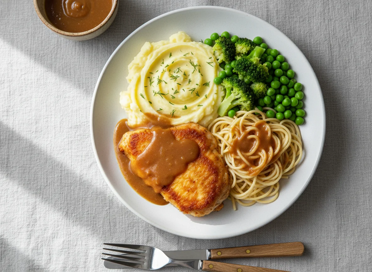 Жареная курица с пюре и овощами photo