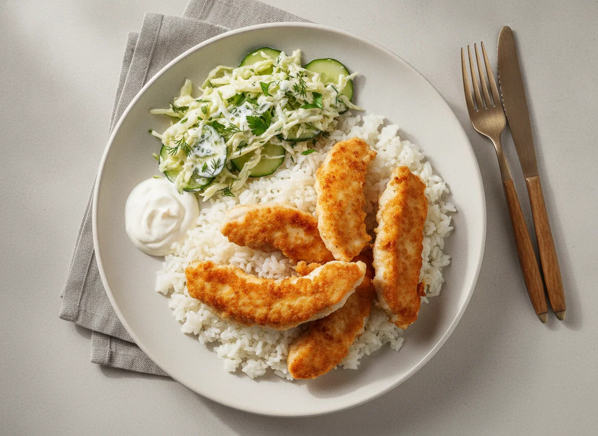 Жареная курица с рисом и овощным салатом photo