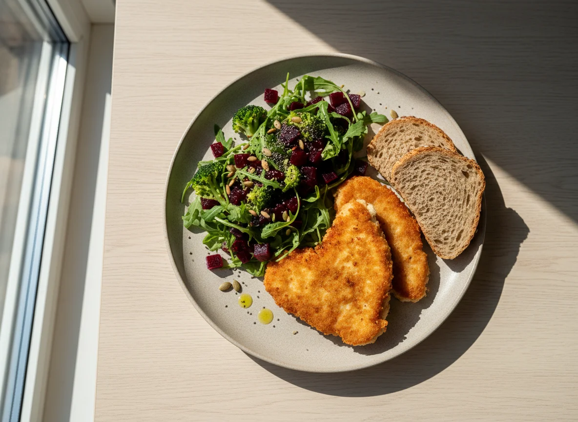 Жареная курица с салатом из свеклы и брокколи photo