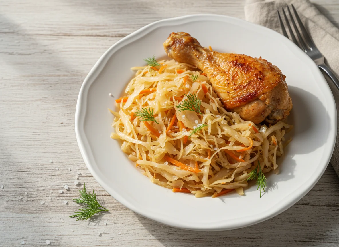 Жареная курица с тушеной капустой photo