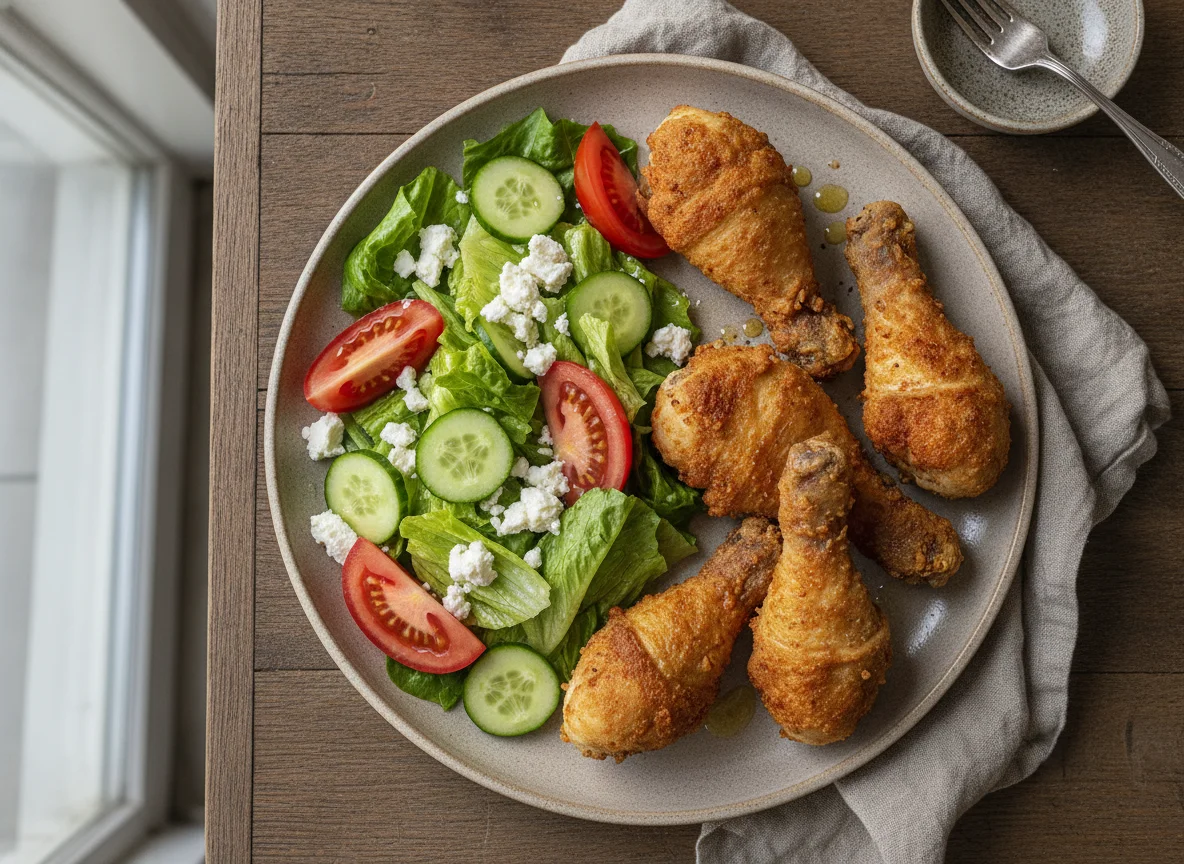 Жареная куриная голень с овощным салатом photo