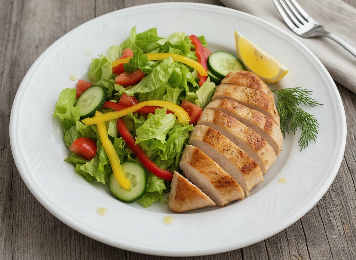 Жареная куриная грудка с овощным салатом photo