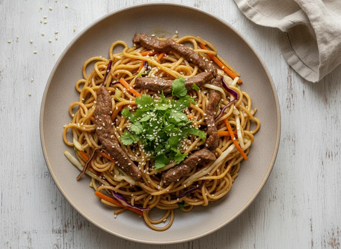Жареная лапша с говядиной и овощами photo