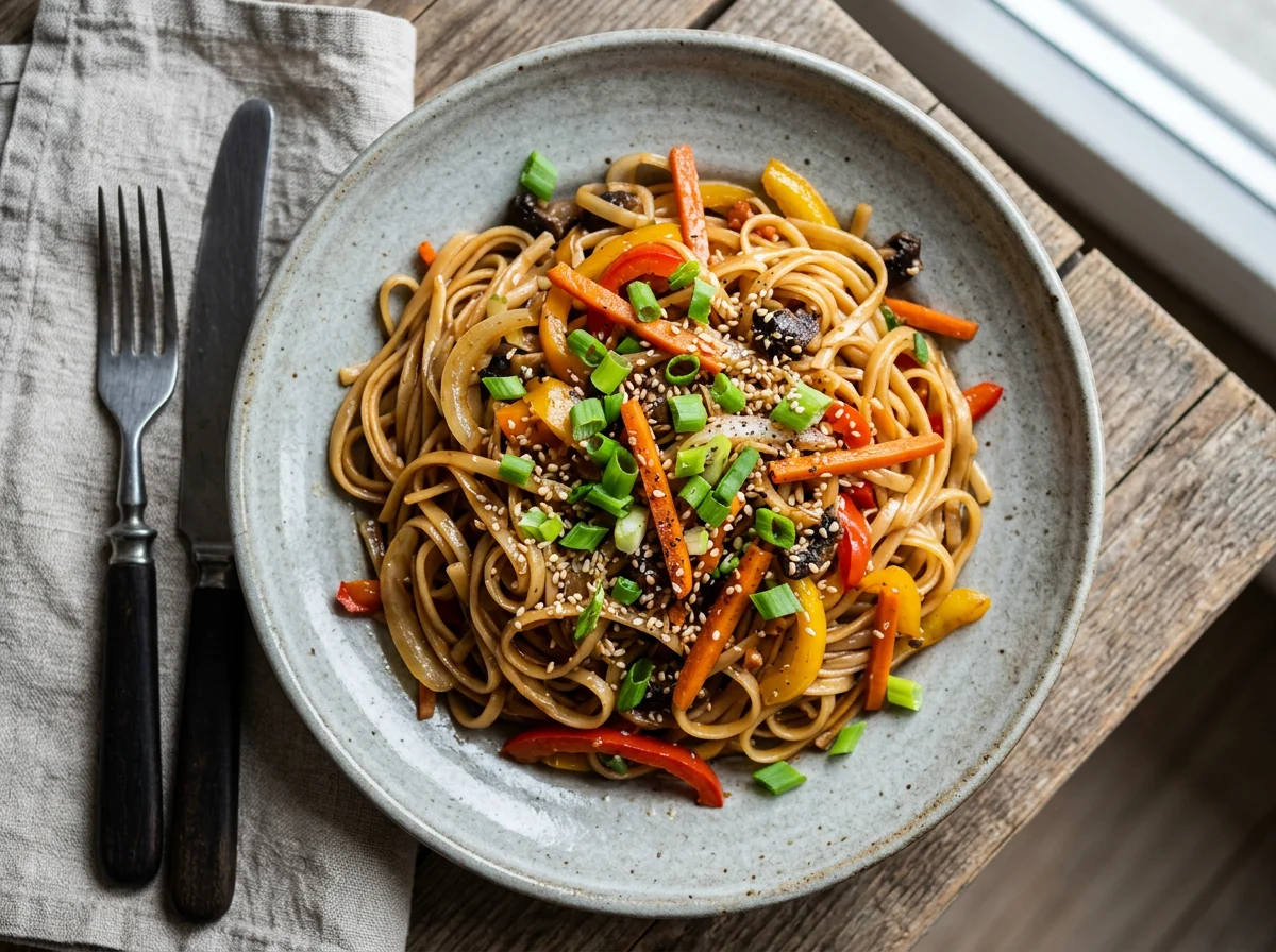 Жареная лапша с овощами photo