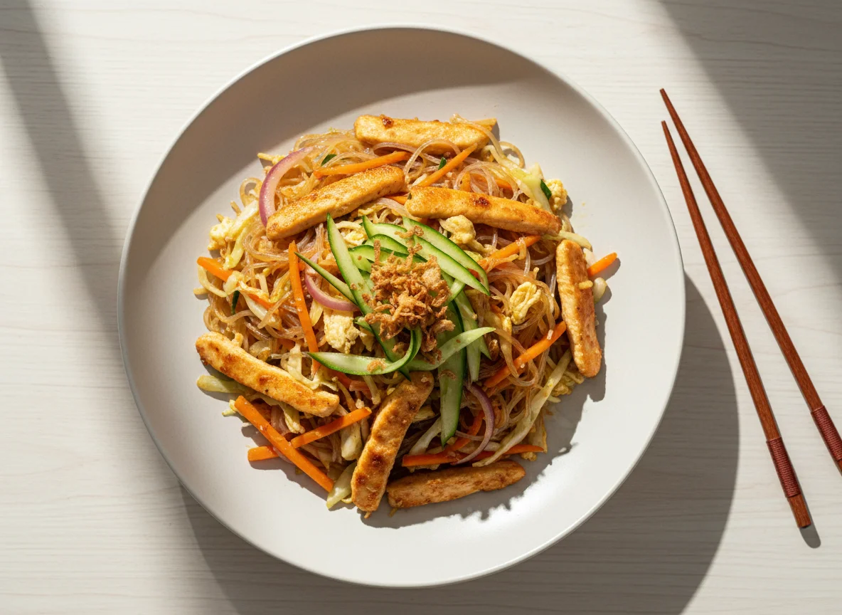 Жареная лапша с овощами и курицей photo