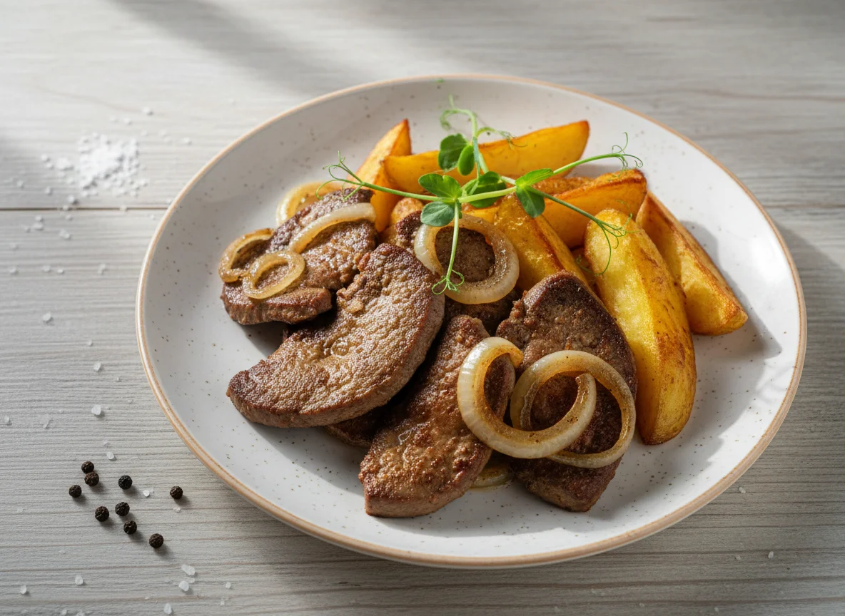 Жареная печень с картофелем и луком photo