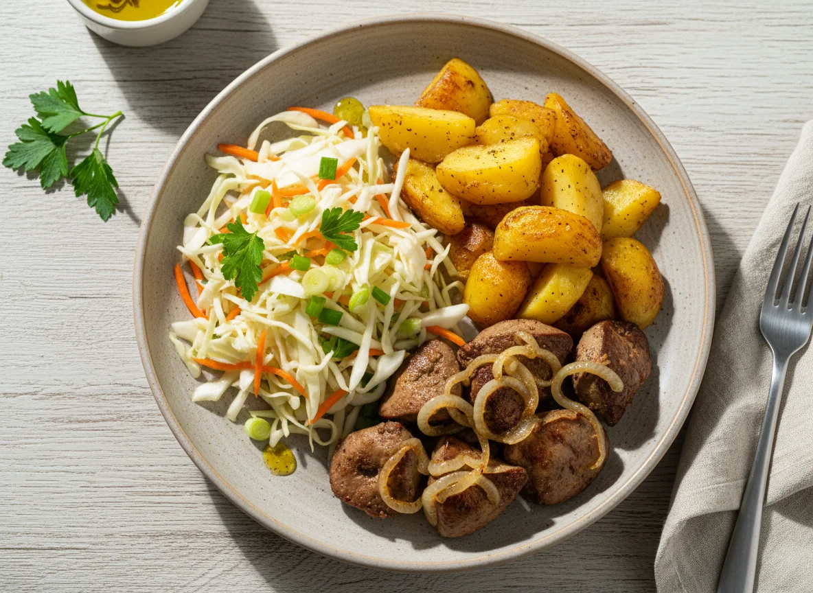 Жареная печень с картофелем и салатом из капусты photo