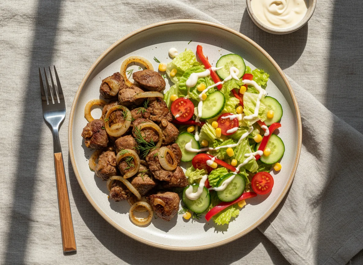 Жареная печень с луком и овощной салат photo