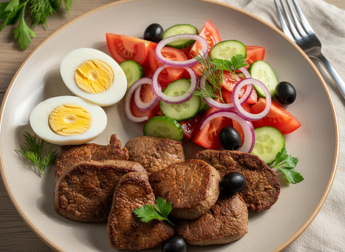Жареная печень с овощным салатом и яйцами photo