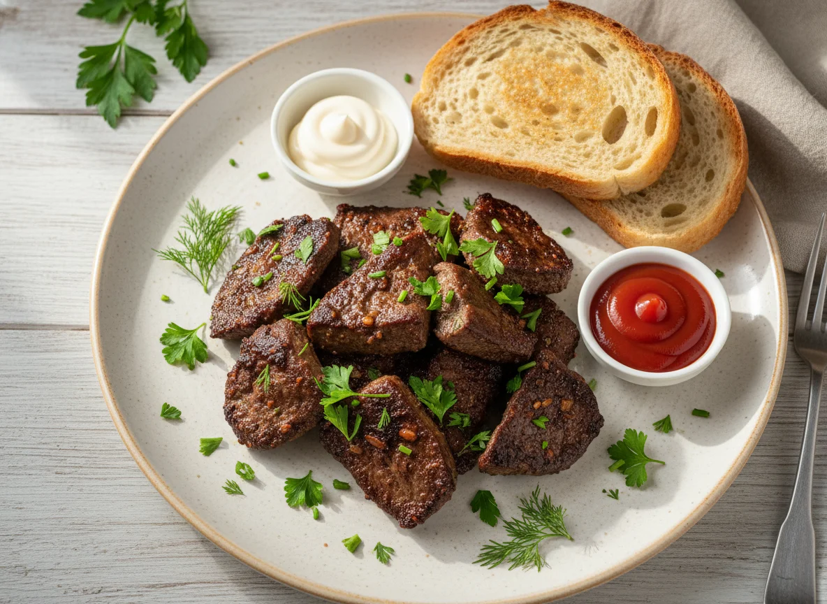 Жареная печень с зеленью и соусами photo
