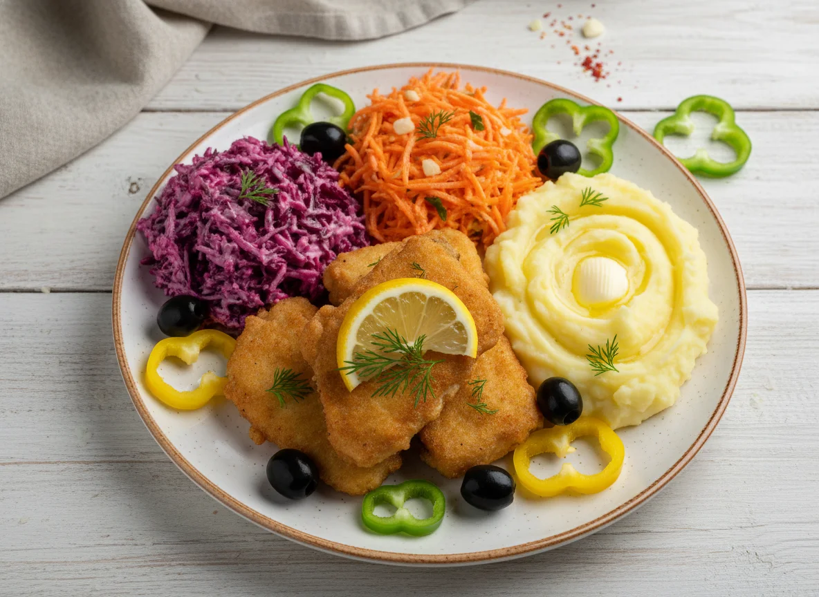 Жареная рыба с гарниром и салатами photo