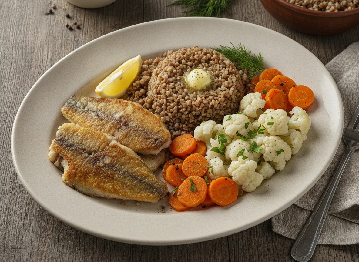 Жареная рыба с гречкой и овощами photo