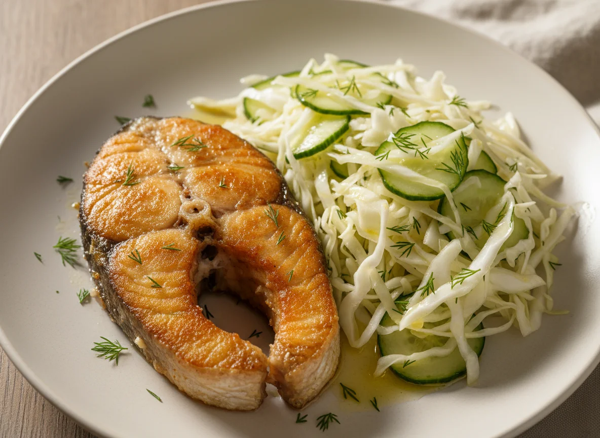 Жареная рыба с капустным салатом photo