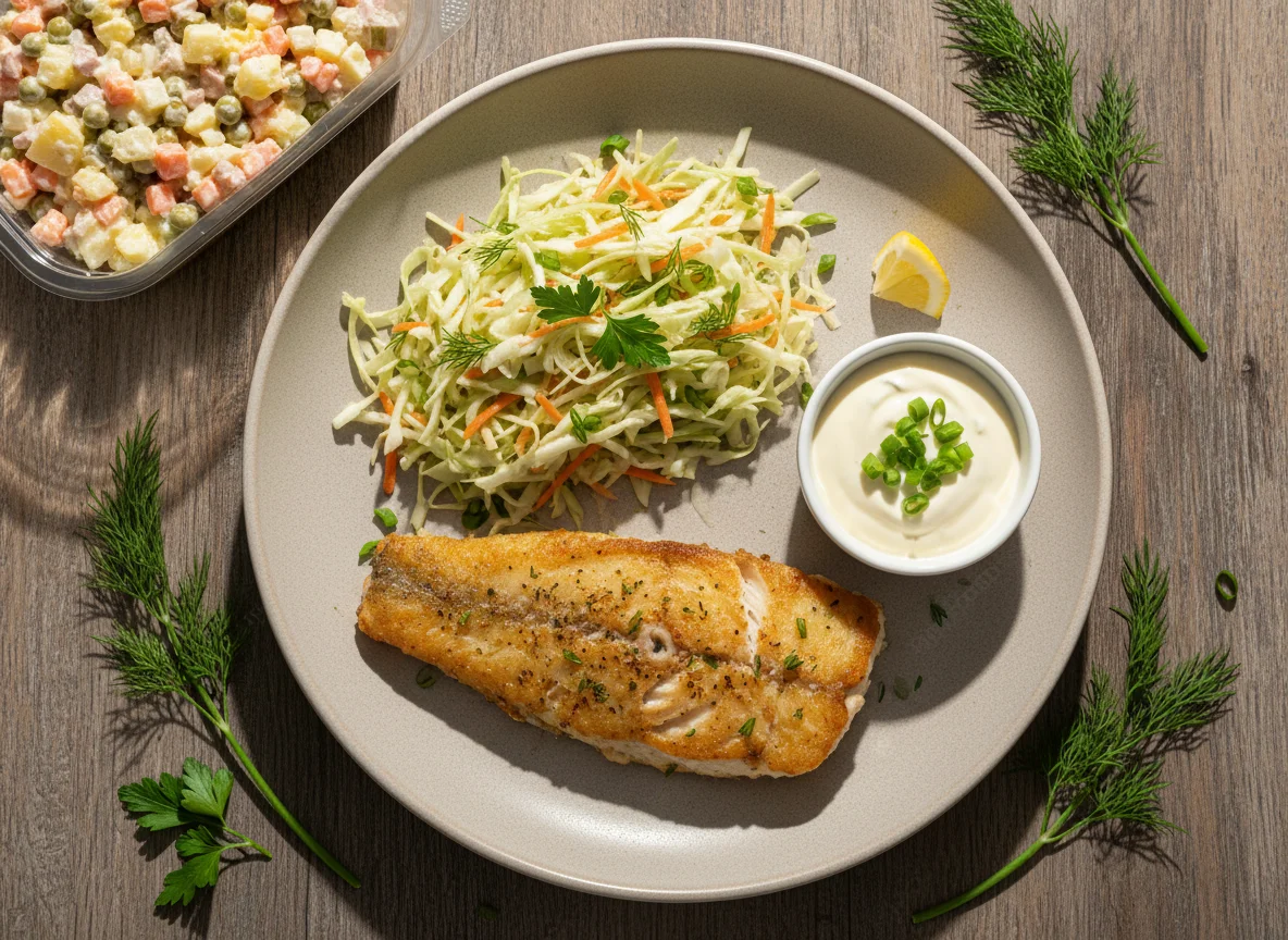 Жареная рыба с капустным салатом и соусом photo